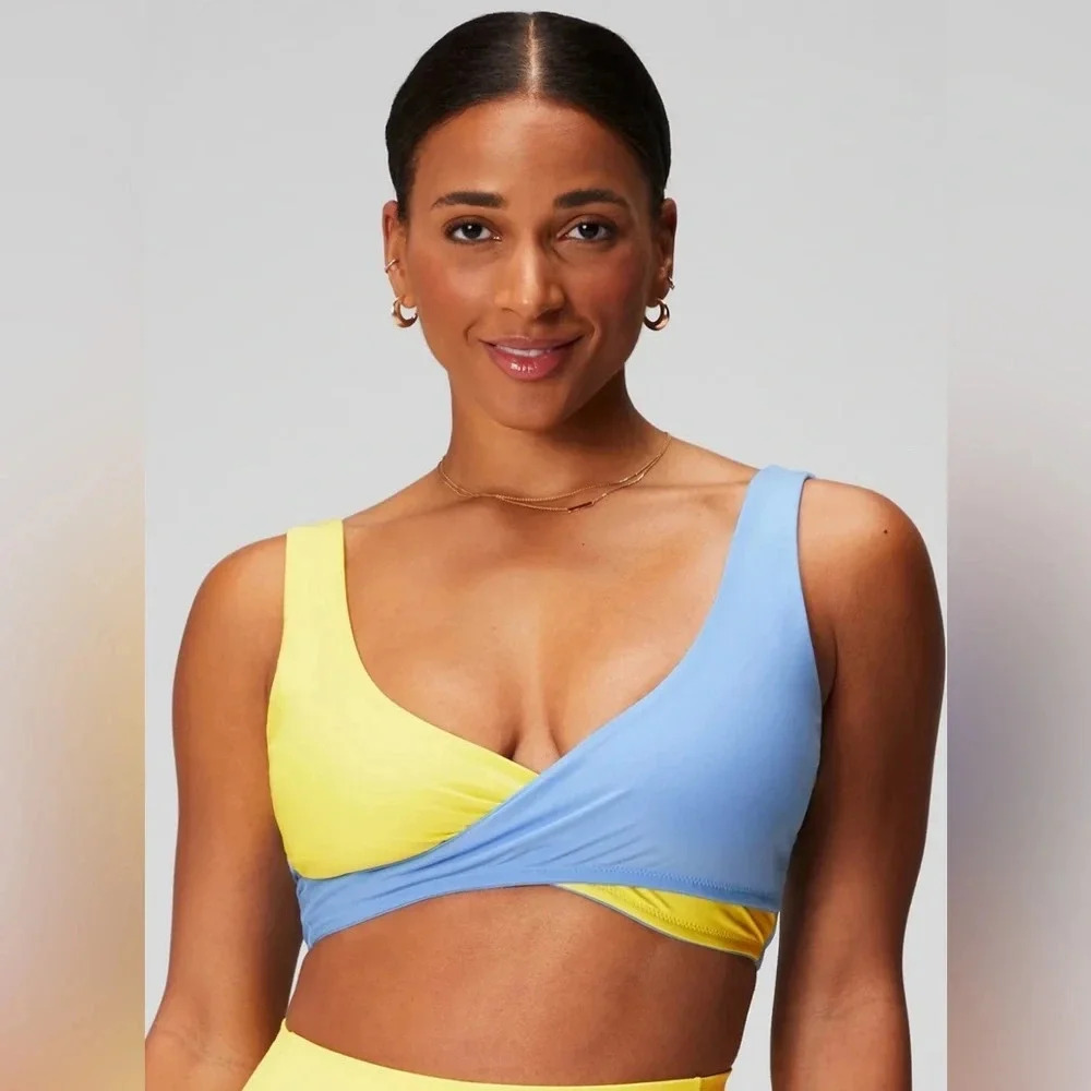 Fabletics | Blue & Yellow Crossover Low Impact Sports Bra - Size S